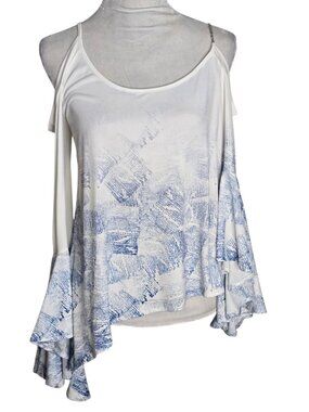 Zannza Couture White & Blue Cold-Shoulder Top w. Dramatic Sleeves Size Small